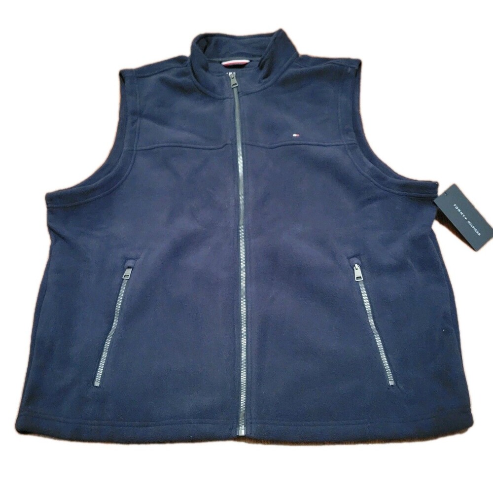 NWTs Tommy Hilfiger Mens XXL Navy Blue Full-Zip Fleece Vest Jacket Collar